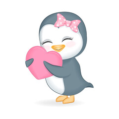 Cute little Penguin and heart hand drawn illustration
