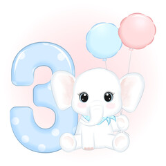 Cute little Elephant Happy birthday 3 years old