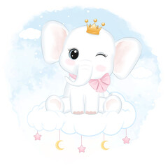 Cute Elephant sitting on the cloud blue watercolor background