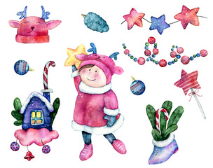 Watercolor set with a house, stars and a girl for creating New Year cards, holiday patterns