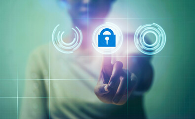 Woman touching VR screen of AI security key icon.