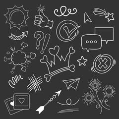 Doodle vector set illustration with hand draw line art style vector. Crown, king, sun, arrow, heart, love, star, swirl, swoops, emphasis, for concept design