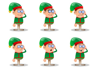 Christmas Elf looking through binoculars. Vector cartoon character illustration of Santa Claus's little worker, helper.