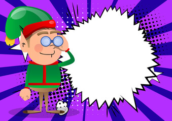 Christmas Elf looking through binoculars. Vector cartoon character illustration of Santa Claus's little worker, helper.