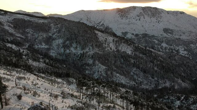 Aerial view of the snowy mountain Taygetus (also known as Taugetus or Taygetos) above Messenia unit in Peloponnese, Greece. Amazing natural scenery of the highest mountain in Peloponnese during winter