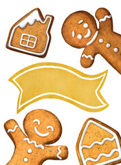 Cute Christmas gingerbread card. Symbol of holiday. Winter sweets. New Year decoration. Tasty Christmas snack. Baked season decor. Traditional cookie. Isolated object. Cartoon style of illustration. 