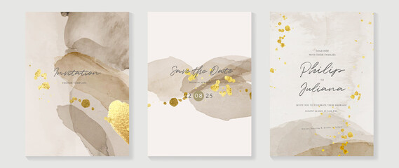 Abstract art background vector. Luxury invitation card background with golden line art and Watercolor brush texture. Vector invite design for wedding and vip cover template.