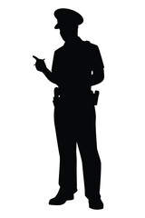 Standing policeman silhouette vector on white background, cop, officer in public.