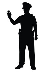 Standing policeman silhouette vector on white background, cop, officer in public.