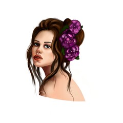 Beautiful woman with brown hair. Hairstyle decorated with flowers. Roses in her hair. Romantic girl. Retro image. Illustration