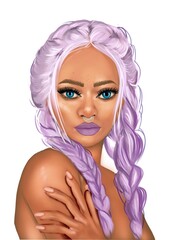 A girl with dark skin, African features and colored hair. Purple braids. Portrait, illustration depicting a strong and independent girl