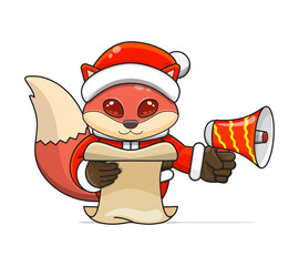 cute fox wearing santa costume holding megaphone and reading script ad, cartoon animal mascot in christmas costume