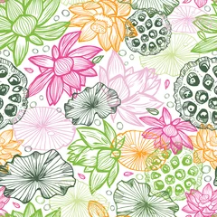 Wandaufkleber Vector white colourful overlapping lotus tropical flowers and water lily pads seed pods intricate repeat pattern. Suitable for textile, gift wrap and wallpaper. © Jamie Soon