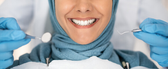 Dental Check Up. Smiling Muslim Lady Getting Treatment In Stomatologic Clinic, Closeup