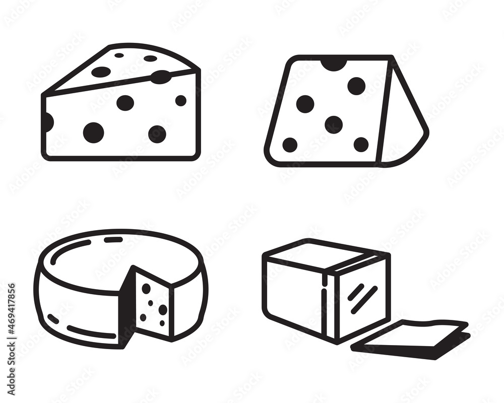 Wall mural Set of cheese icons with black color isolated on white background. Simple cheese vector illustrations