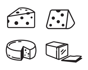 Set of cheese icons with black color isolated on white background. Simple cheese vector illustrations