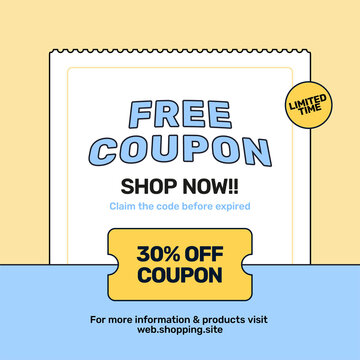 Free discount coupon for shopping sale promotion template design. Voucher code gift social media poster vector illustration design