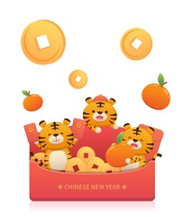 Fototapeta na wymiar Cartoon comic vector of 3 cute and happy tiger characters for Chinese New Year, rich with a lot of gold coins and red envelope