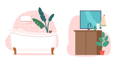 Bathroom Interior Furniture. White Bathtub, Sink With Mirror, Cosmetics, Towel and Potted Plants. Modern Lavatory