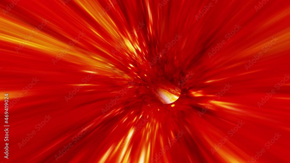 Poster abstract glow yellow red energy warp hyperspace tunnel through time and space animation. 4k 3d loop 