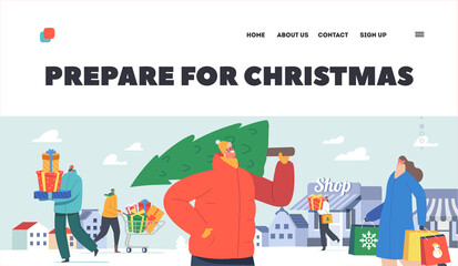 Happy People Prepare for Christmas Landing Page Template. Buying Gifts and Tree, Push Shopping Cart with Presents