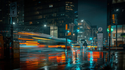 Vancouver Canada - November 14, 2021: Long exposure photograph of cars passing at night in Downtown Vancouver British Columbia. - obrazy, fototapety, plakaty