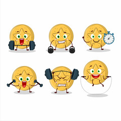 A healthy dalgona candy star cartoon style trying some tools on Fitness center