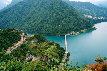 Obraz na płótnie Canvas Drone view of the bridge over Lake Piva between the mountains. Montenegro