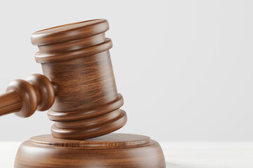 Judge gavel on wooden background with copy space. Law and justice, legality concept. 3d illustration
