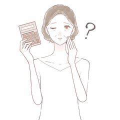 疑問を持って電卓を持つ中年女性