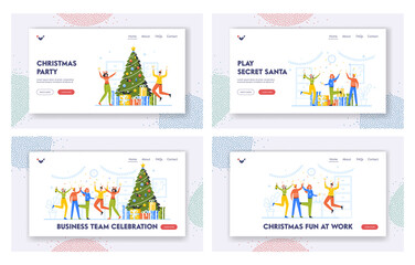 Naklejka premium Business Team Celebration Landing Page Template Set. Happy Cheerful Colleagues Celebrate Christmas, New Year Party