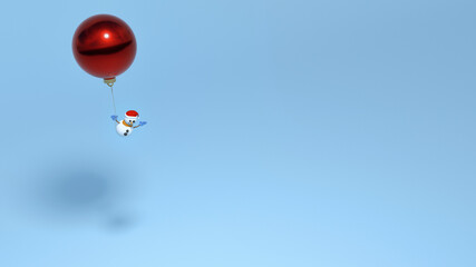 Top view to Snowman flying on Christmas ball on blue background.