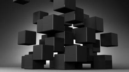 Black cubes abstract on black background.
3D abstract illustration.