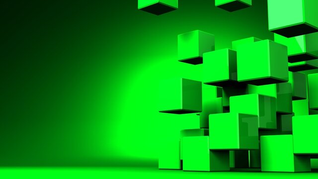 Green cubes abstract on green text space.
3D abstract illustration.
