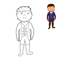 coloring book, cute prince, boy in fancy dress. vector illustration isolated on a white background
