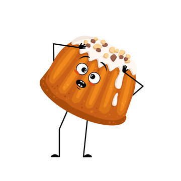 Cute glazed muffin with nut sprinkles character with emotions in panic grabs his head, surprised face, shocked eyes, arms and legs. Baking person, bun with terrified expression. Vector flat