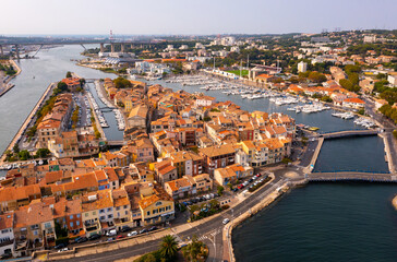 Drone view of the administrative center of the city of Martigues, located on the Mediterranean...