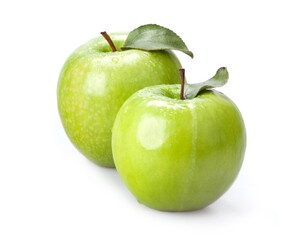 Two Green Apples With Leaves