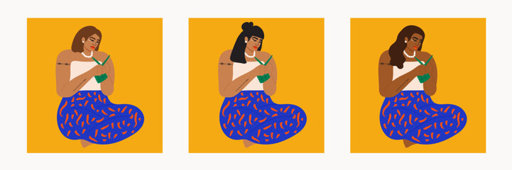 Illustration set of island women weaving with palm leaf