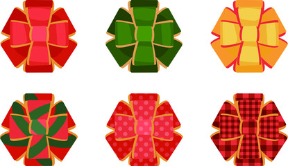 Red, green, and gold Christmas present bows. Isolated vector illustrations.