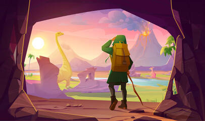 Traveler stand at cave looking on Jurassic era landscape with dinosaurs and erupting volcano. Time travel concept, Prehistoric Earth evolution, fantastic scenery land, Cartoon vector illustration © klyaksun
