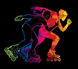 Group of Roller blade Players Action Extreme Sport Cartoon Graphic Vector