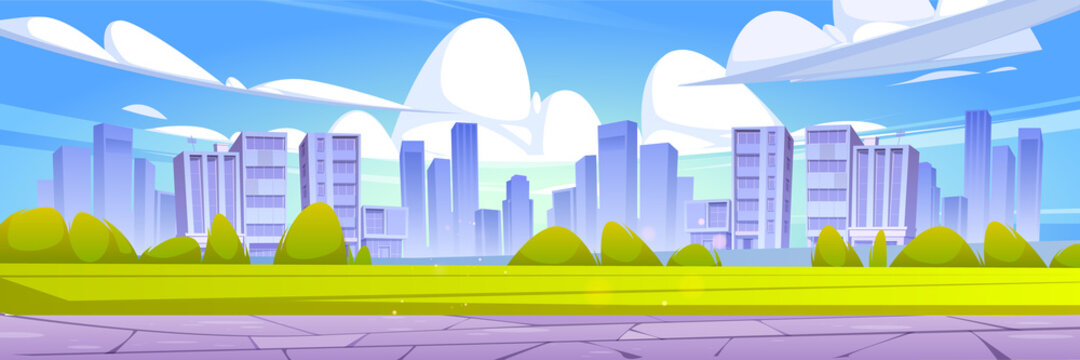 City skyline, summer urban view background with skyscrapers, green lawn and pathway. Summertime cityscape. downtown with architecture with residential buildings panorama, Cartoon vector illustration