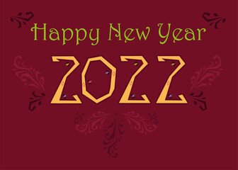 Happy New Year 2022. Folk Greeting Card. Green letters, yellow number, red background