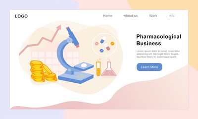 Pharmacological and heath care drugs development business concept. Pharma industry with medical equipment and therapy pills research for illness and disease. Flat vector for web, banner, infographics.