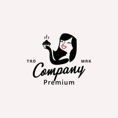 Woman Smiling Holding Cake Logo Vector Icon Illustration