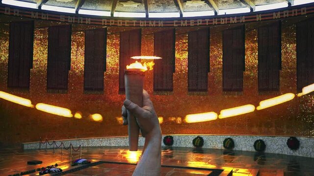 Pantheon with an eternal flame in the historical memorial complex on Mamayev Kurgan