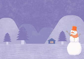夜の雪景色と雪だるまの壁紙イラスト