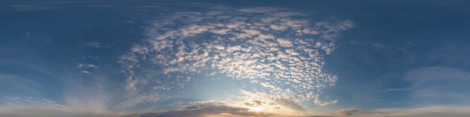 Dark blue sunset sky panorama with Cirrus clouds. Seamless hdr pano in spherical equirectangular...
