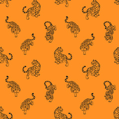 Seamless pattern with graphic tigers. Black and orange predatory wild cats. Vector Print for fabric, clothing, wrapping paper, wallpaper, textile.